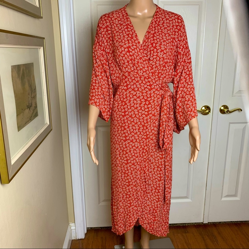 Olivaceous Leaf Print 3/4 Sleeve Wrap Dress Sz L